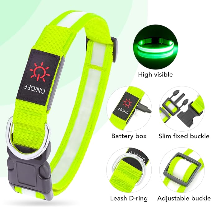 Vizpet LED Dog Collar, Light Up Dog Collar Adjustable USB Rechargeable Super Bright Safety Light Glowing Collars for Dogs(X-Large,Green)