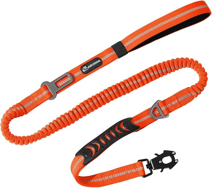 Heavy Duty Tactical Dog Leash, 4-6FT Shock Absorbing Bungee Lead with 2 Padded Handles, Metal Carabiner & Seatbelt Clip, Reflective No-Pull Leash for Medium/Large Dogs (Orange)