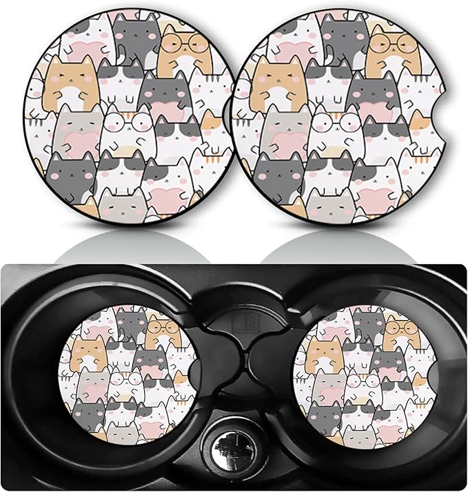 2Pack Cat Car Cup Holder Coaster,Cats Gifts for Women Men,Pet Lover,Vehicle Interior Drink Mat Reusable Neoprene Car Coasters for Cup Holders Decor,Cartoon Cats Automotive Interior Accessories