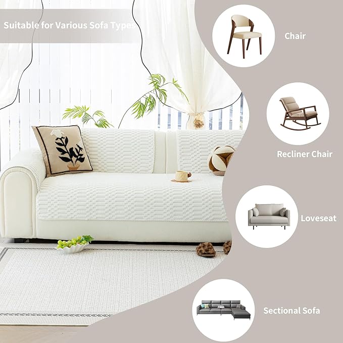 Plush Warm Sofa Covers Washable, Funny Fuzzy Couch Cover for Dogs Washable, Non-slip Couch Covers for Sectional Sofas, Soft Sofa Slipcover for Pet & Kid(1PC, Beige White, 36"×83", Single Seater)