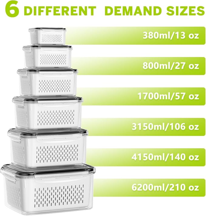 HOMETALL 6 PCS Fruit Storage Containers for Fridge with 6 Removable Colanders, BPA Free Produce Containers for refrigerator, Dishwasher & Microwave Safe Food Containers Keep Fruit, Salad, Berry, Fresh
