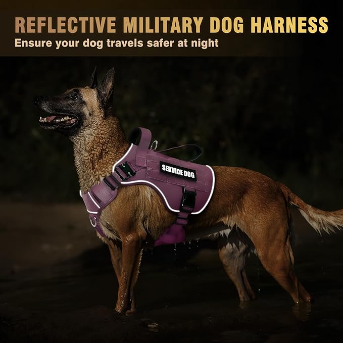 WINSEE Tactical Dog Harness for Large Dog, Heavy Duty Service Dog MOLLE Vest with 10 Pet Patches, No Pull Military Working Vest for Training Hunting Walking
