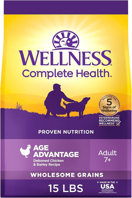 Wellness Complete Health Age Advantage Senior Dry Dog Food, Wholesome Grain Kibble, Natural, Chicken and Barley Recipe, 15 lb Bag