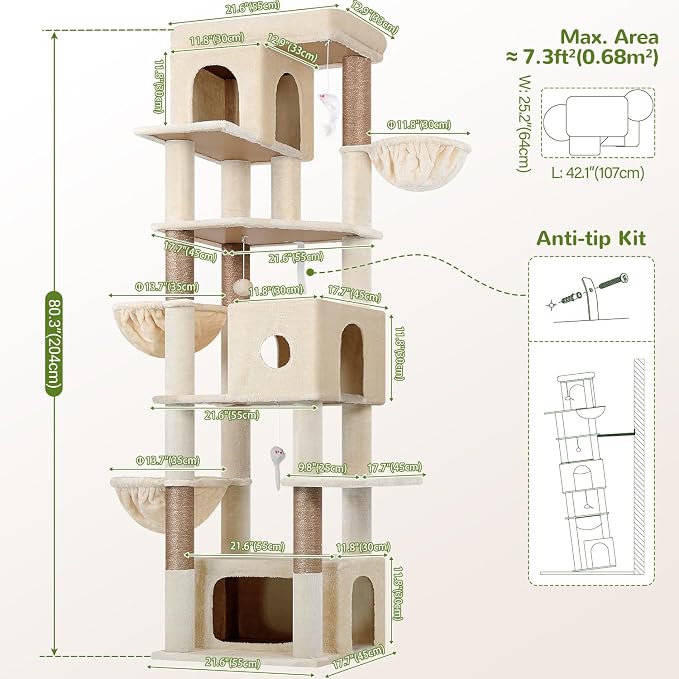 Globlazer Large Cat Tree, 80 inch Multi-Level Tall Climbing Tower Kitty Condos Cat Scratching Tower for Indoor Multiple Large Adult Cats Kittens with 3 Cat Caves, 3 Hanging Baskets, F80F, Beige