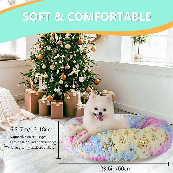23 Inch Christmas Tree Calming Dog Bed for Small Dogs Cats, Kitty Puppy Round Anti-Anxiety Warm Bed, Soft Cozy Anti-Slip Donut Washable Pet Bed, Fits up to 30 lbs Pets