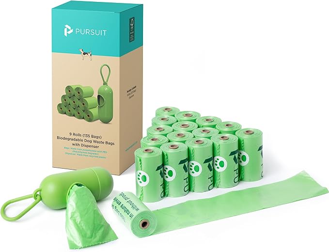 Green Pursuit Poop Bags for Dogs - Large Leak Proof Dog Poop Bags Rolls with Handle | Tear Resistant Dog Poop Bag with Dispenser | Degrades Faster, Easy to Open, Separate & Tie | 9"x13", 135 Bags
