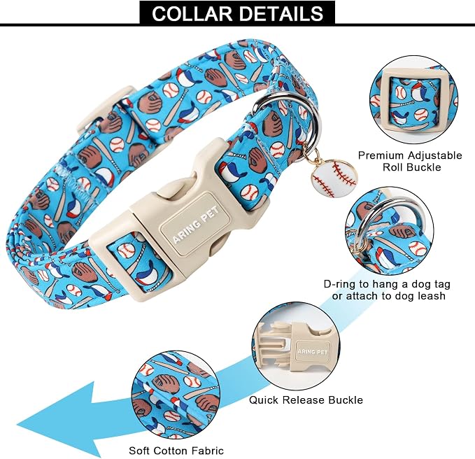 ARING PET Baseball Dog Collar, Cute Summer Blue Pet Collars with Quick Release Buckle for Puppy Small Medium Large Boy Girl Dogs-L