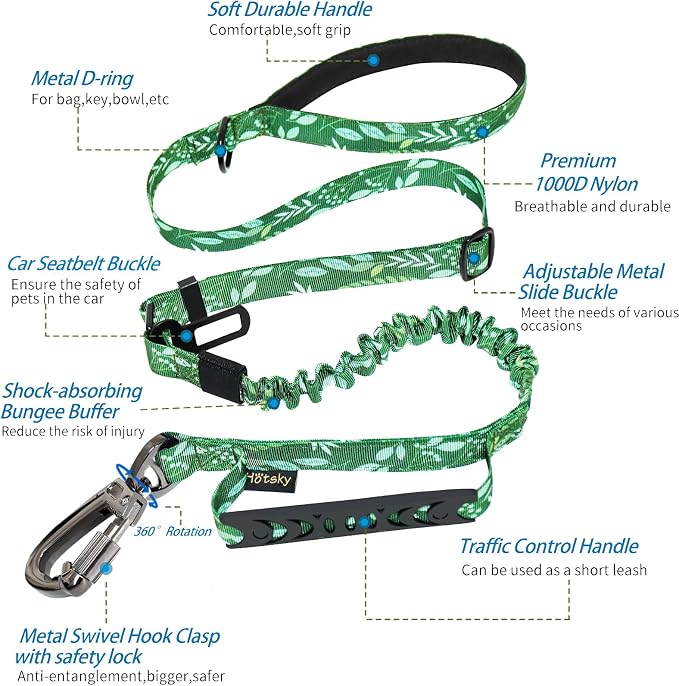 Hotsky Tactical Dog Leash Heavy Duty for Medium Large Dogs that Pull,4-6Ft Strong Bungee Shock Absorbing No Pull Dog Leash with Padded Double Handle and Car Seatbelt,Leaves