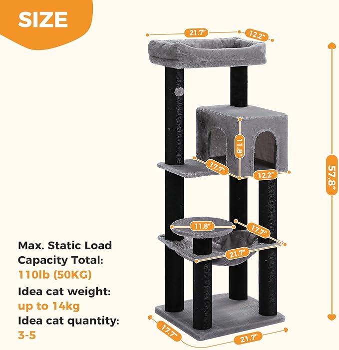 MUTTROS Large Cat Tree with Reinforced Scratching Posts (φ3.7in) for Big Adult Cats 30 lbs, 57.8" Heavy Duty Cat Tower with Larger Hammock and Condo, Cat Furniture for Maine Coon, Plush,Black