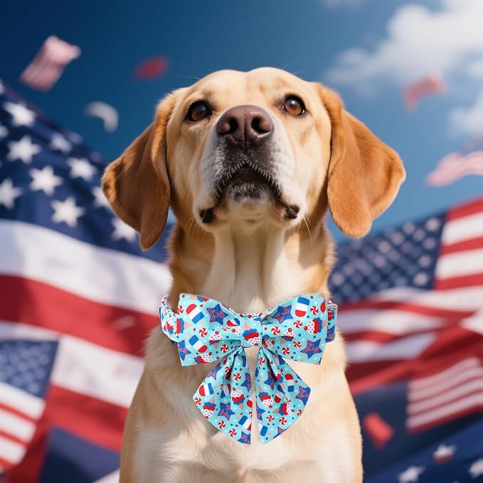 Maca Bates American Flag 4th of July Dog Collar with Sailor Bow 4 of 7 for Dogs Tie Adjustable Durable Icecream Patriotic USA Collars Summer Independence Day for Small Medium Large XL Boy Girl Puppy
