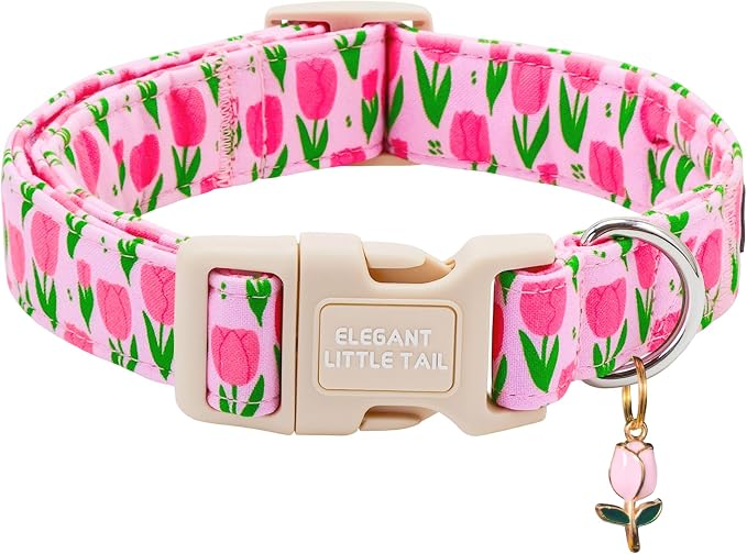 Elegant Little Tail Summer Dog Collar, Pink Tulip Floral Pattern Soft Cotton Pet Collars with Sturdy Quick Release Female Adjustable Pet Collar for Small Medium Large Dogs