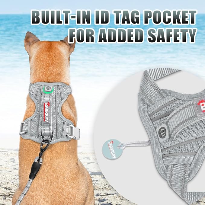BARKBAY No Pull Dog Harness Large Reflective Dog Harness with Front Clip and Easy Control Handle for Walking Training Running with ID tag Pocket(Grey,S)