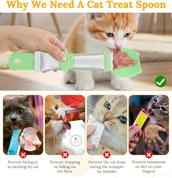 3Pcs Cat Treat Spoon, Multifunctional Squeeze Cat Treat Feeder Set Lickable Pet Food Spoons Dispensers for Wet Food & Licky Treats, Mess-Free Feeding Supplies for Cats, Beige Green Orange