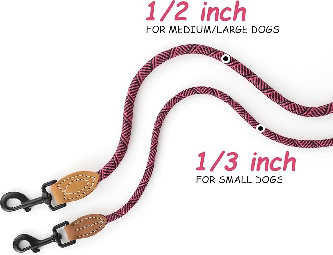 Mile High Life Small Dog Leash, Thin Rope Leash with Genuine Leather Connection and Heavy Duty Metal Clasp, Great for Small Medium Dogs(Pink,72 Inch-1/3)