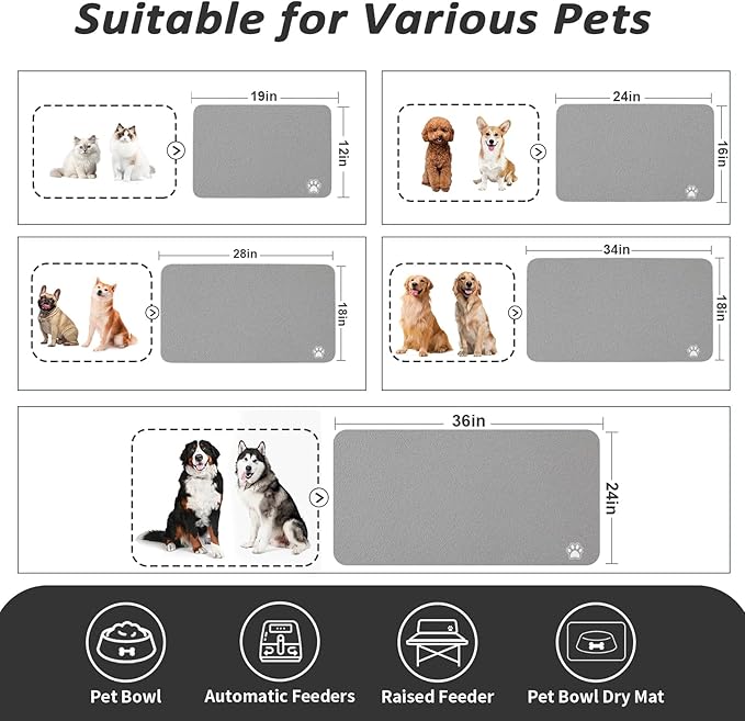 HotLive Dog Food Mat - Absorbent Cat Mat for Food and Water, No Stains Pet Feeding Bowl Mat, Easy to Clean Pet Placemats, Quick Dry Dog Water Dispenser Mat for Messy Drinkers | Paw Grey 16"x 24"