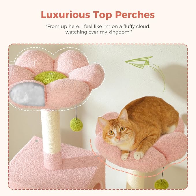 MUTTROS Flower Cat Tree Tall 70.8" for Adult Indoor Cats, 8-Levels Large Cat Tower with 8 Sisal Posts, 2 Hammocks, 2 Condos, Big Perch & 3 Pom Poms for Multi-Cats Household – Carpet Pink