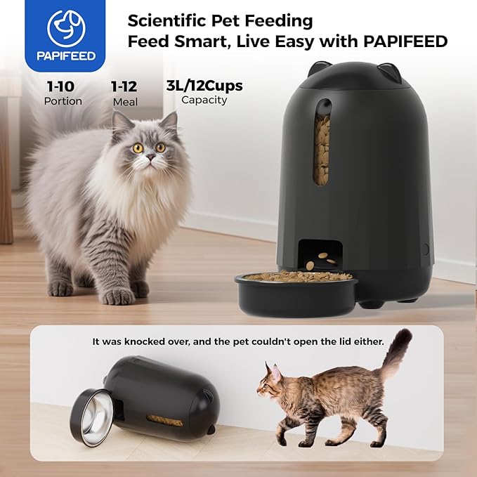 PAPIFEED Automatic Cat Feeder with App, 2.4G WiFi Cat Food Dispenser, 3L Timed Cat Feeders for Dry Food, Slow Feeding Mode, Dual Power Supply Smart Pet Feeder for Cat, Black