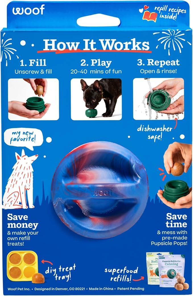 WOOF Pupsicle - Long-Lasting Interactive Dog Ball Toy to Keep Your Pup Busy and Distracted - Safe for Dogs - Low-Mess Design - Dog Toys for Small Dogs 10-25 lbs - July 4th Edition
