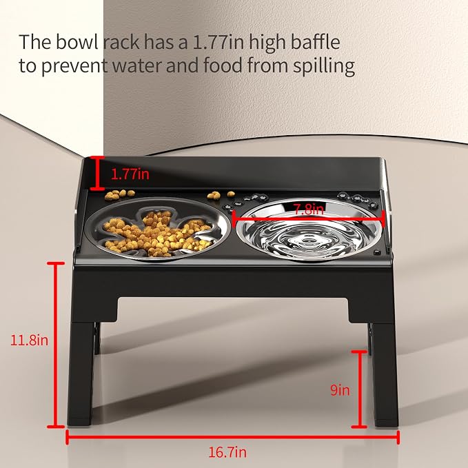 PAKEWAY Elevated Dog Bowls, Spill Proof, Tiltable Pet Feeder with 1 Slow Feeder Bowl &1 Stainless Steel Bowl, 6 Height Adjustable Raised Dog Bowls Stand for Medium Large Dogs