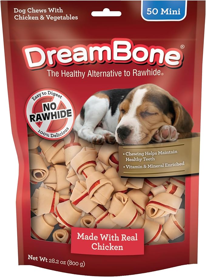 DreamBone Chicken Mini Bone Dog Treats, Daily Rawhide-Free Chew, Digests Safely and Completely, With Real Protein, Chicken and Veggies, 50 count