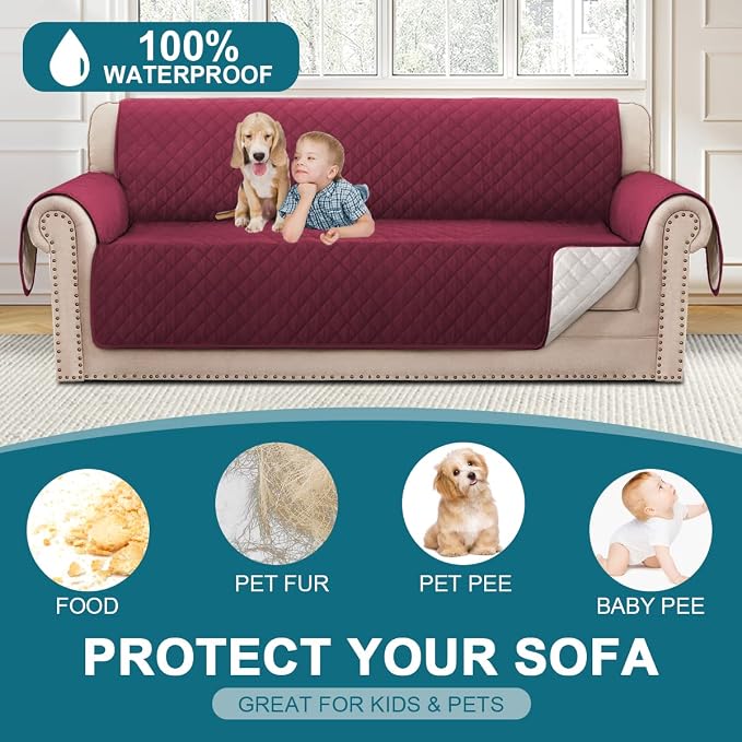 Turquoize 100% Waterproof Couch Cover Sofa Covers Washable Couch Covers for 3 Cushion Couch Pet Friendly Triple Non-Slip Couch Cover for Dogs Furniture Covers for Pets, Kids,Dog (Sofa 70", Burgundy)