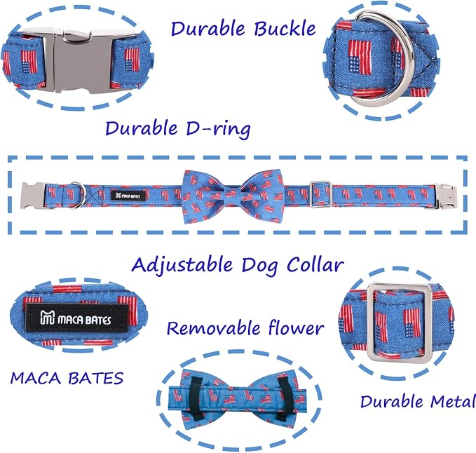 Maca Bates American Flag 4th of July Dog Collar with Bow Tie for Dogs Bowtie 4 of 7 Flags Blue Adjustable Durable Patriotic Collars USA Independence Day Gift for Small Medium Large XL Boy Girl Puppy