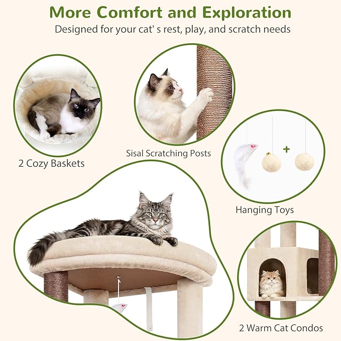 Globlazer 64in Corner Cat Tree for Large Indoor Cats, Space Saving Multi-Level Cat Tower with 2 Condos, 2 Hammocks, 4 Sisal Scratching Posts, C64, Beige