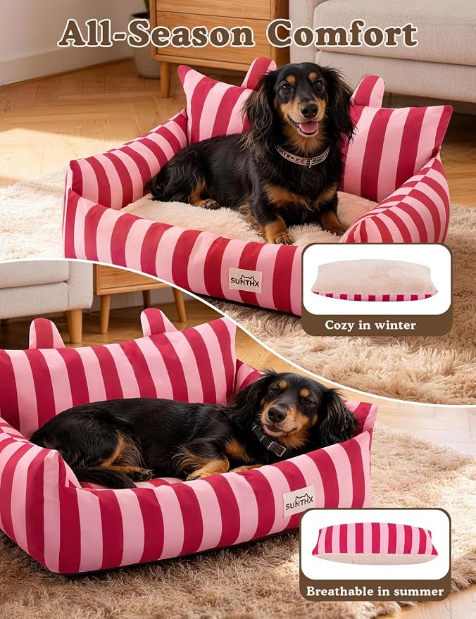 Cat Couch, Reversible Pet Bed for Indoor Cats – 2-Sided Cat Sofa with Oxford Fabric and Plush Fleece, Washable Small Dog Couch for Puppies and Senior Pets, Non-Slip Bottom, 28 inch, Pink Red