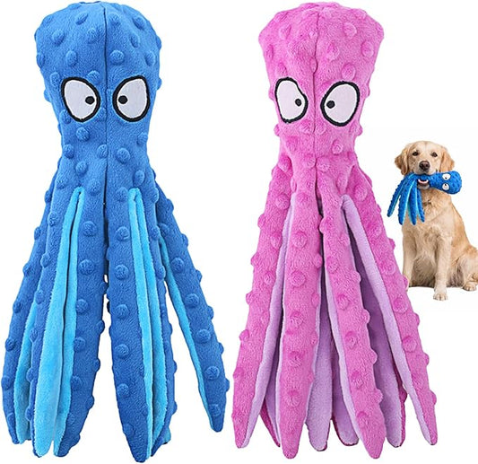 HGB Squeaky Dog Toys - 2 Pack No Stuffing Octopus Crinkle Plush Chew Toys for Puppies Small Medium Large Dogs, Interactive Tug Toys to Keep Dogs Busy