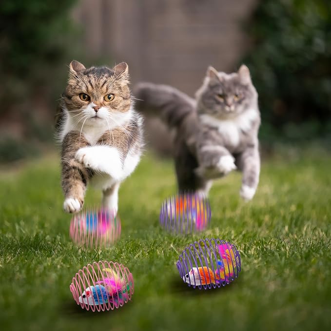 Jecery 5 Pcs Cat Spring Balls Toys Stretchable Rolling Balls Colorful Playful Coils Interactive Action Toy Caged Rats for Kitten Pet Supplies (Cute Mouse,Bright Color)