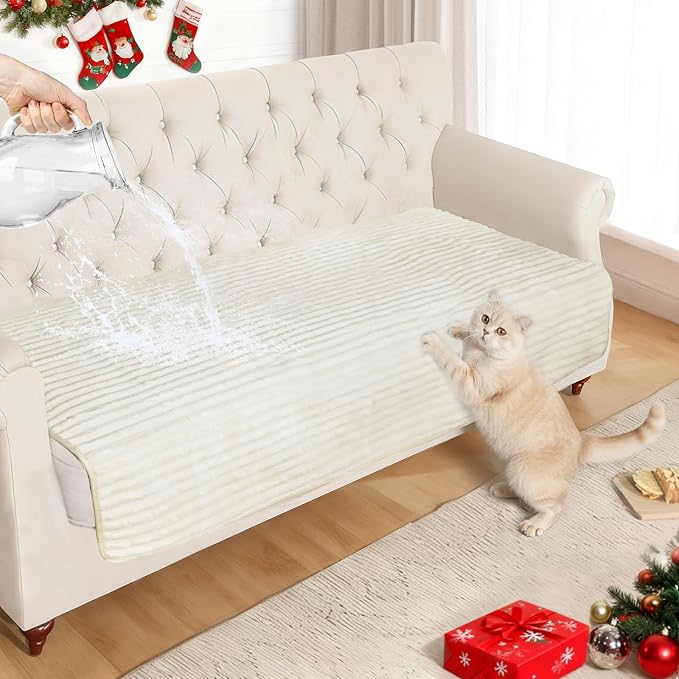 NAISI Couch Covers for Dogs Waterproof Flannel Striped Sofa Cover Pet Friendly Washable Dog Mat for Couch Anti Slip Sectional Sofa Slipcover Protector(1pc/35"x 70",Cream)