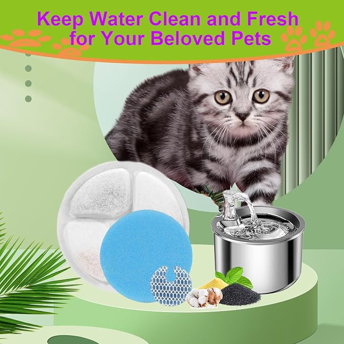 Cat Water Fountain Filter,Cat Fountain Filters Replacement for Round 2L/67oz Stainless Steel Pet Water Fountain,5 Pack Pet Fountain Filter Replacement