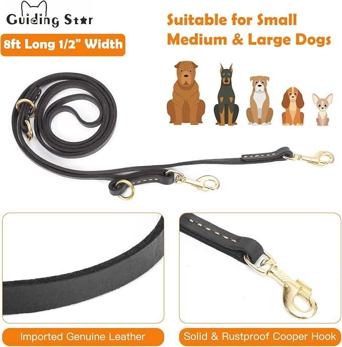 Leather Dog Leash 8ft, Soft Multi-Function 6 in 1 Leather Training Walking Lead, Hands Free Leash, Dual, Crossbody Pet Leashes for Medium and Large Dogs, Service Dogs (8 Foot*5/8", Black)