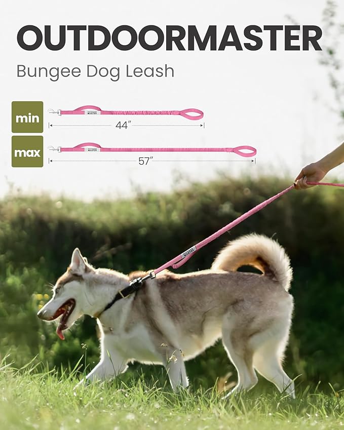 OutdoorMaster Bungee Dog Leash, Heavy Duty Dog Leash with Shock Absorption, 2 Padded Handles Training Leash, Improved Dog Safety and Comfort - Pink Upgraded, 4 FT