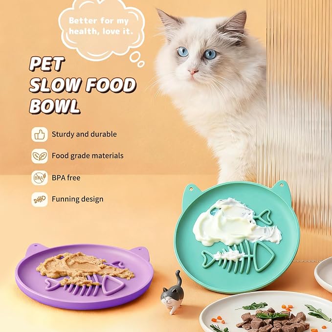 Slow Feeder Cat Bowl, 2 PCS Silicone Bowl, Cat Slow Feeder, Ideal for Dry and Wet Food, Easy to Clean, Interactive Puzzle Toy for Pets Food Training, Keeps Cats Busy, 6.69" W*0.65" H