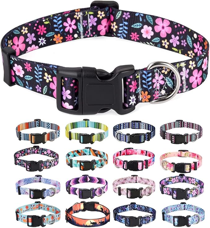 Mihqy Dog Collar with Bohemia Floral Tribal Geometric Patterns - Soft Ethnic Style Collar Adjustable for Small Medium Large Dogs(Floral,S)