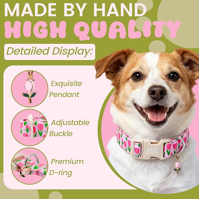 Elegant Little Tail Summer Dog Collar, Pink Tulip Floral Pattern Soft Cotton Pet Collars with Sturdy Quick Release Female Adjustable Pet Collar for Small Medium Large Dogs