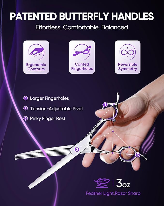 ULG 7.5” Dog Grooming Thinning Shears – 30° Curved Pet Thinning Scissors, Japanese 440C Stainless Steel, 60 V-Shaped Teeth, 25% Thinning Rate, Reversible Butterfly Handles, for Face, Nose, Eyes & Coat