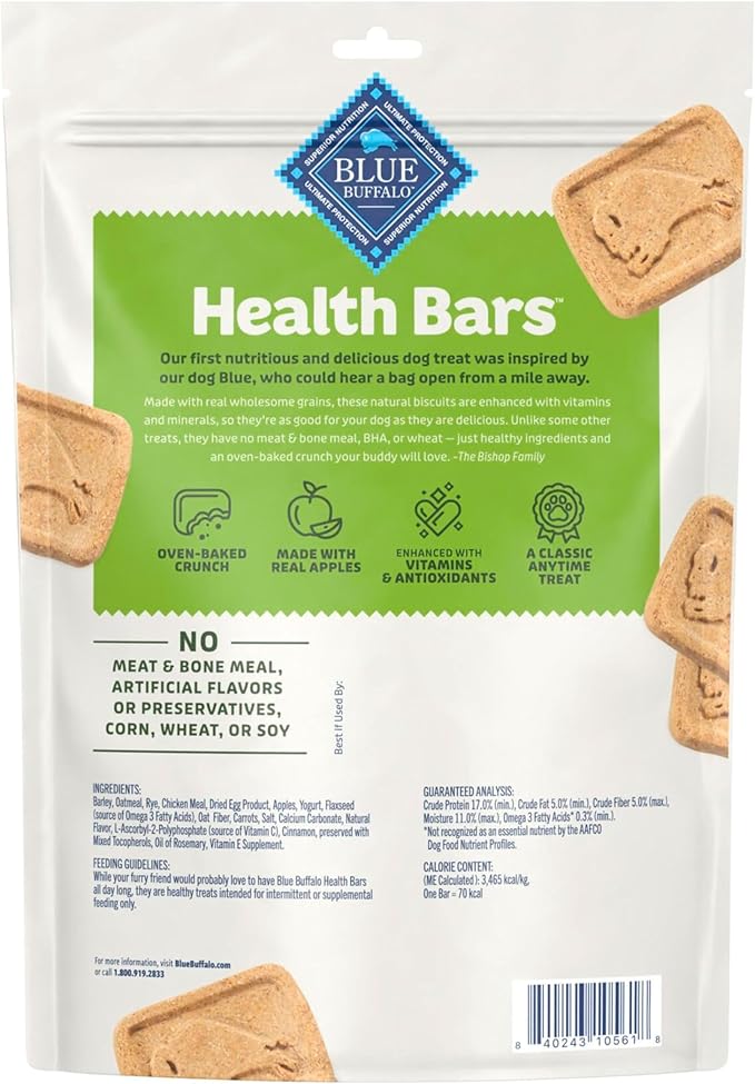 Blue Buffalo Health Bars Crunchy Dog Biscuits, Oven-Baked with Natural Ingredients, Apples & Yogurt, 16-oz Bag, (Pack of 4)