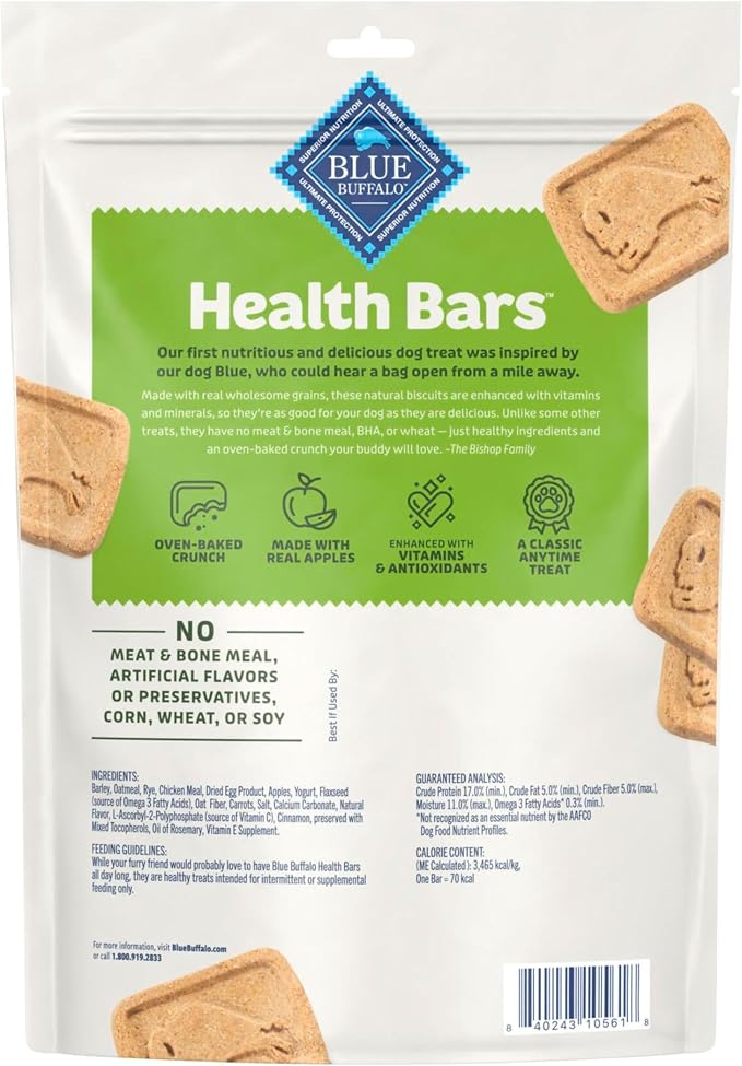 Blue Buffalo Health Bars Apples & Yogurt Crunchy Dog Biscuits, Oven-Baked with Real Apples & Natural Ingredients, Healthy Dog Treats with No Artificial Flavors or Preservatives, 16 oz.