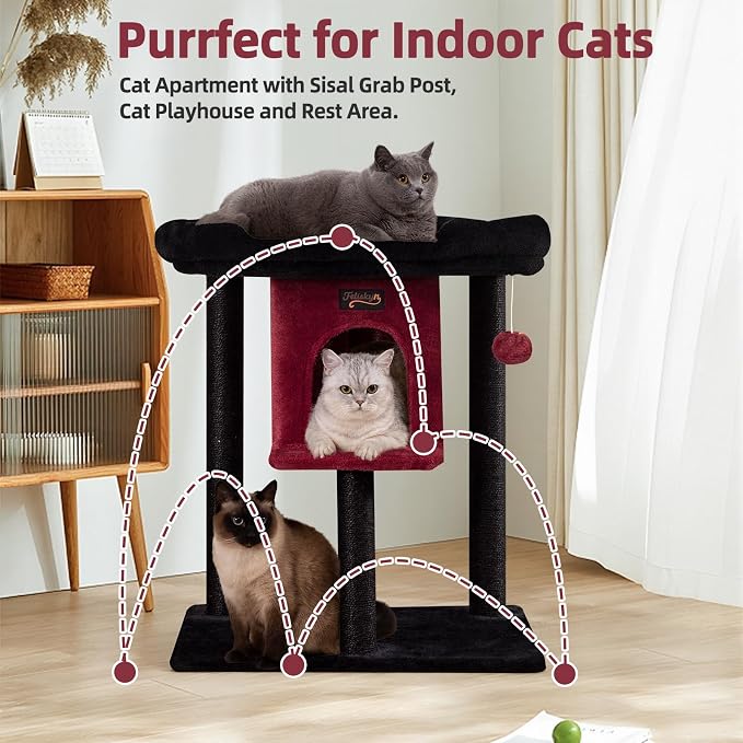 Cat Tree Tower Scratching Post for Indoor Large Cats, Small Cat Tree with Big Perch Bed, 28in Tall Trees House with Condo Cave, Toy Balls, Modern Climbing Furniture Platform for Kitten (Black)
