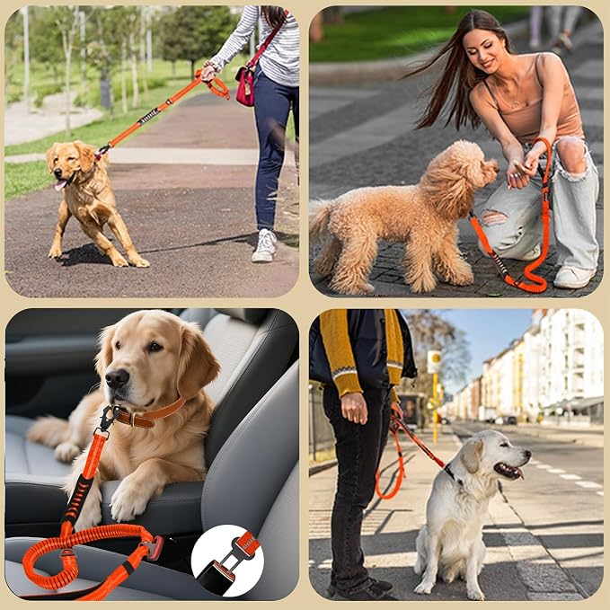 Heavy Duty Tactical Dog Leash, 4-6FT Shock Absorbing Bungee Lead with 2 Padded Handles, Metal Carabiner & Seatbelt Clip, Reflective No-Pull Leash for Medium/Large Dogs (Orange)