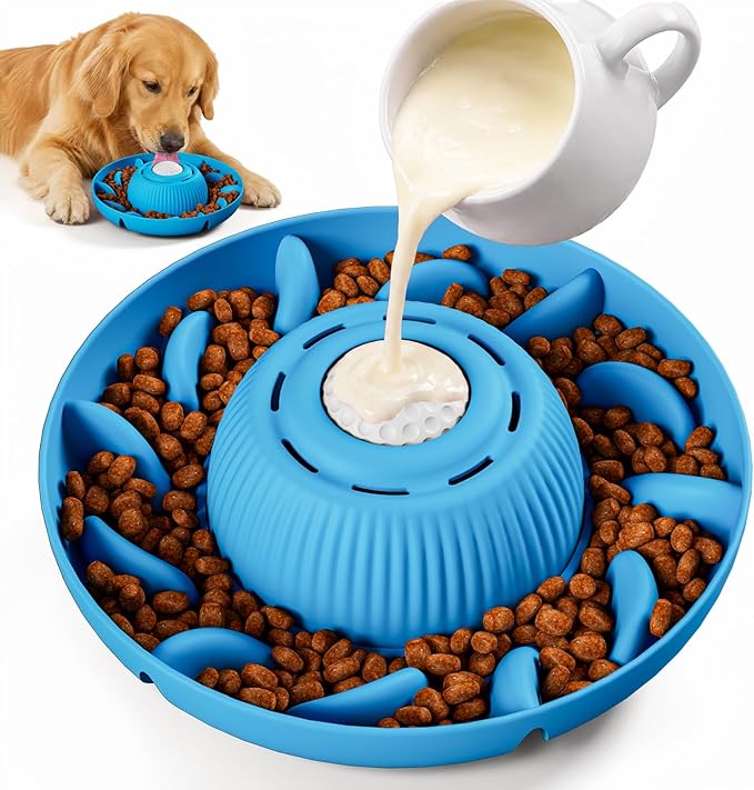Slow Feeder Dog Bowls 2 in 1 Liquid Treat Dog Lick Bowl and Dog Bowls – 5‑Cup Large Capacity, Liquid and Solid Food Treat Dispenser for Slowing Down Eating for Large Medium Small Dogs, Blue