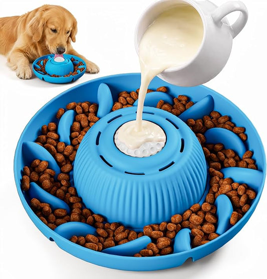 Slow Feeder Dog Bowls 2 in 1 Liquid Treat Dog Lick Bowl and Dog Bowls – 5‑Cup Large Capacity, Liquid and Solid Food Treat Dispenser for Slowing Down Eating for Large Medium Small Dogs, Blue
