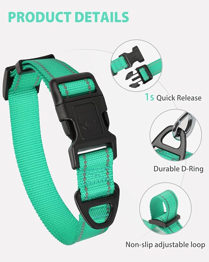 Joytale Dog Collars for Small Dogs, Feather-Light Double-Sided Reflective Nylon Collar for Night Safety, Adjustable Quick-Release for Growing Puppies, Teal, S (5/8" Width)
