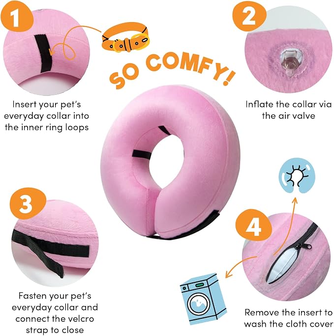 BENCMATE Inflatable Dog Cone Collar Alternative, Soft Dog Cone for Small Medium Large Dogs and Cats, Neck Recovery ECollar Donut Collar After Surgery (Medium, Pink)
