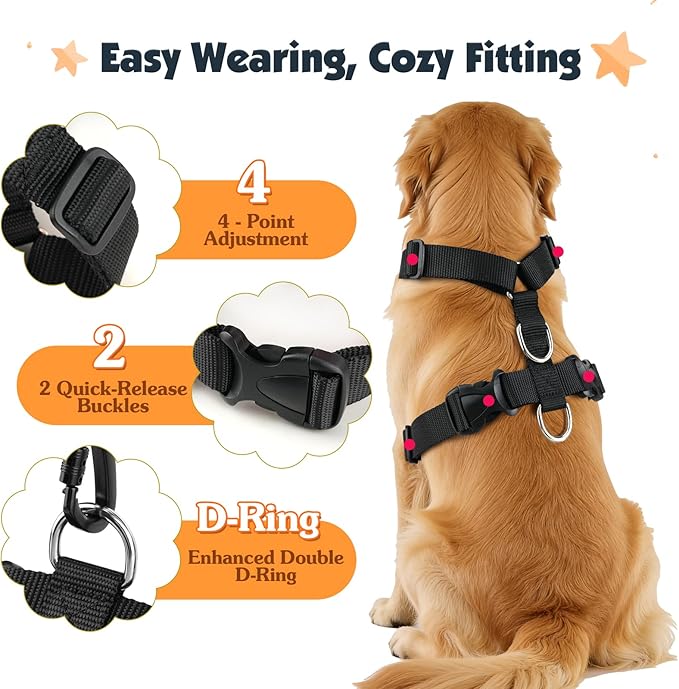 Pawaboo Dog Seat Belt Harness for Car, Dog Car Harness Seatbelt with Double Clips, Adjustable Breathable Pet Vest & Dogs Safety Tether with Elastic Bungee for Small Medium Large Pet, L, Orange/Black