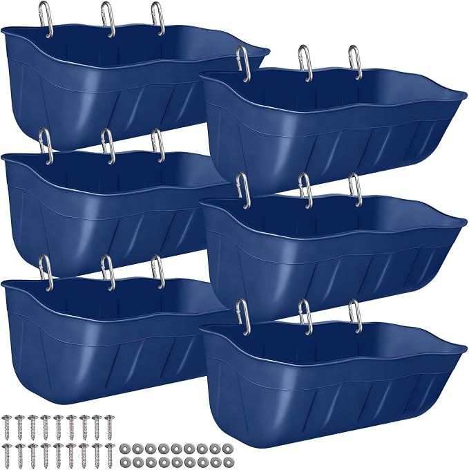 Hanging Goat Feeders,Chicken Feeder Waterer,Large Feed Trough 7.5 Quart 6 Pack,Hanging Fence Feed Trough for Poultry Livestock,Blue