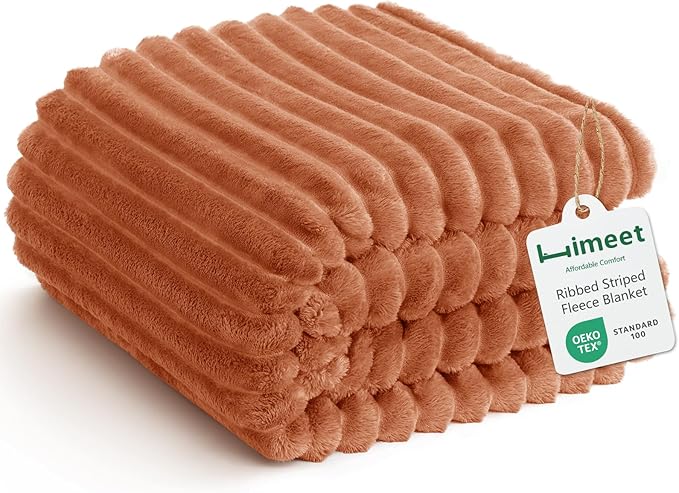 HIMEET Fleece Burnt Orange King Size Blanket for Bed - 300GSM Ribbed Soft Cozy Bedding Blanket, House Warming Gifts New Home, Luxury Aesthetic Bedroom Decor Throws, 108x90 Inches