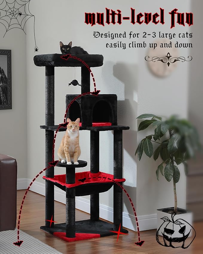MUTTROS Gothic Cat Tree with Super Large Hammock, 56.3" Black Cat Tower with Coffin Bed, Cat Condo, Sisal Scratching Posts & Top Perch, Multi-Level Goth Cat Tree, Halloween, Black
